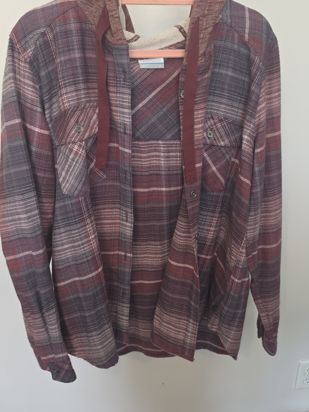 Columbia Men's Hooded Plaid Shirt Jacket - Maroon & Gray